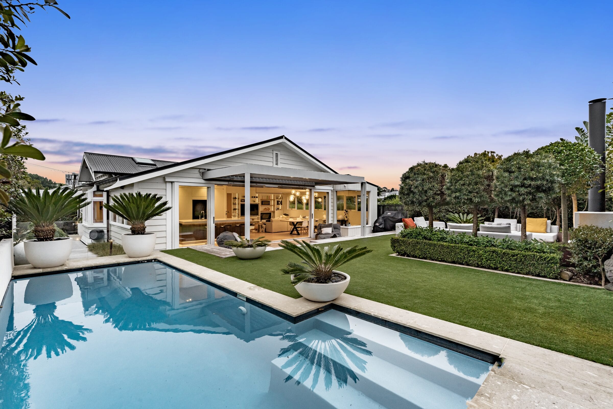 21 Raumati Road, the pool and the pavilion at dusk